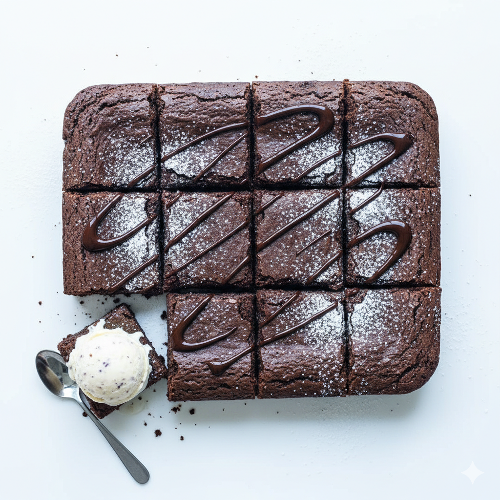 A detailed top-down view of Fudgy Brownies From Scratch on a pure bright white surface. Arrange neatly cut square brownie pieces showing rich chocolate color and slightly cracked tops. Include hints of key ingredients — cocoa powder, melted chocolate drizzle, and a light dusting of powdered sugar. Optionally, one serving with a scoop of vanilla ice cream on the side. Emphasize the deep fudgy texture, rich brown tones, and contrast against the crisp white background. Hyper-real lighting, ultra-clean aesthetic, no warm tones, no shadows, bright and evenly lit composition focusing entirely on the brownies’ texture and freshness.
