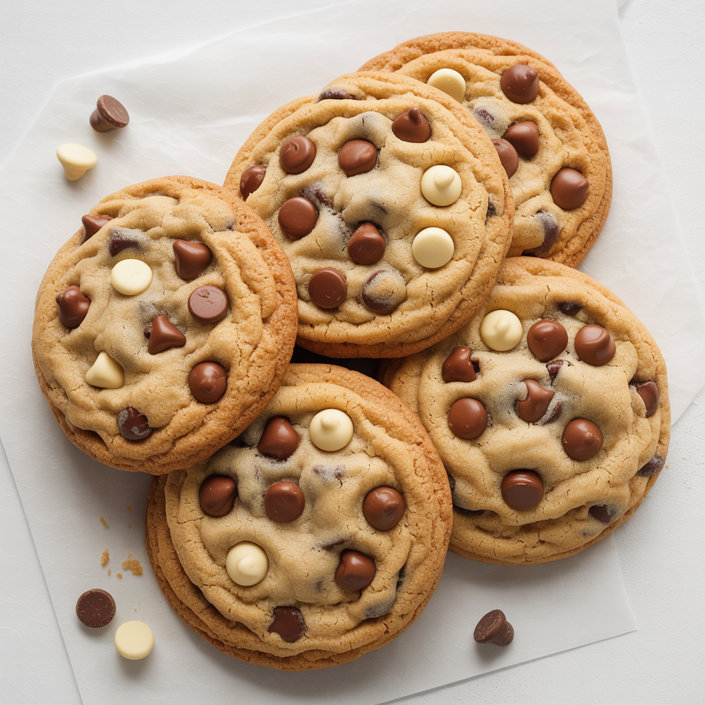 A batch of Big, Fat, Chewy Multichip Cookies photographed from above on a clean white surface. The cookies are thick, golden-brown with slightly cracked tops, packed with multiple chocolate chips (dark, milk, and white). A few extra chips scattered around for detail. Hyper-real texture showing soft centers and crisp edges. Bright white background, evenly lit, no warm tones, no shadows, clean homemade presentation.