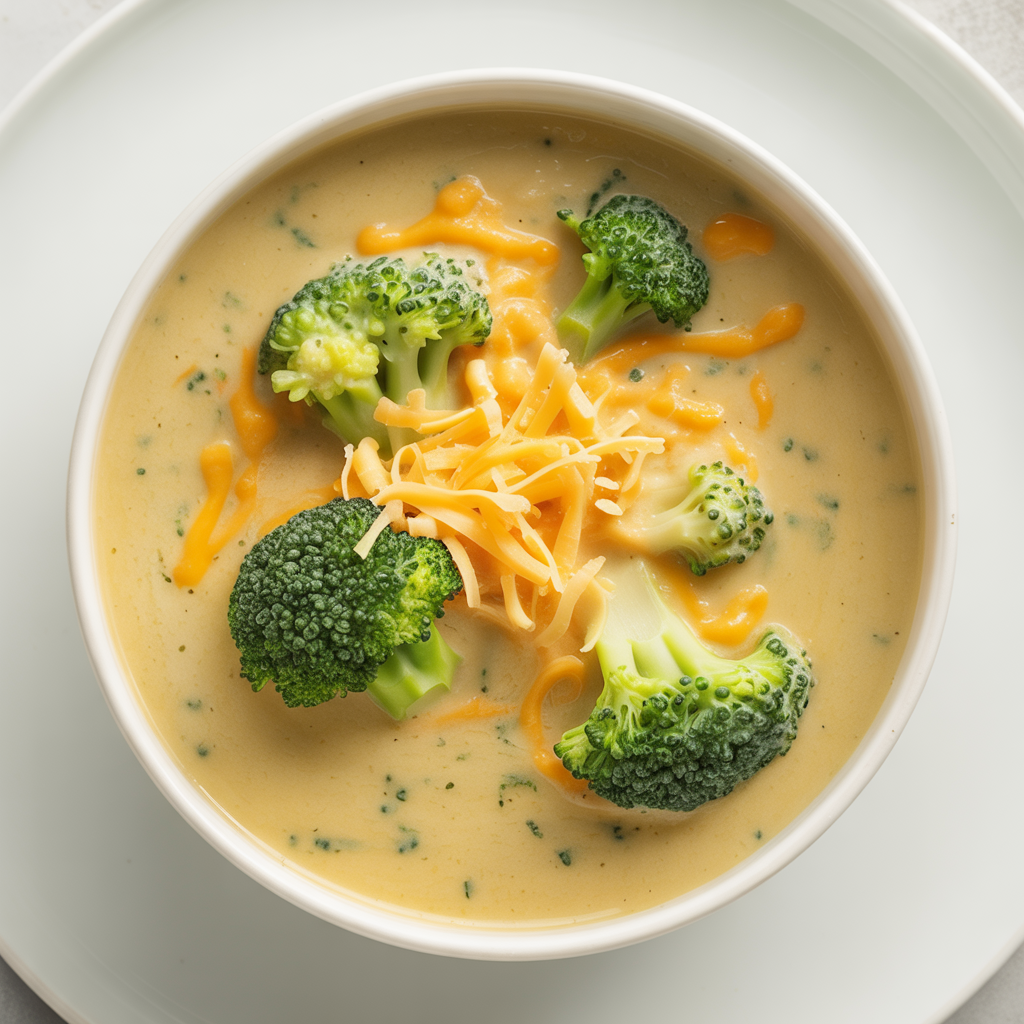 A bowl of creamy Broccoli Cheddar Soup photographed from above on a pure white surface. The soup is rich, velvety, pale golden with vibrant green broccoli florets and melted cheddar swirls on top. Garnished with finely shredded cheddar and small broccoli pieces for detail. Hyper-real textures, glossy finish, clean homemade presentation. Bright white background, evenly lit, no warm tones, no shadows.