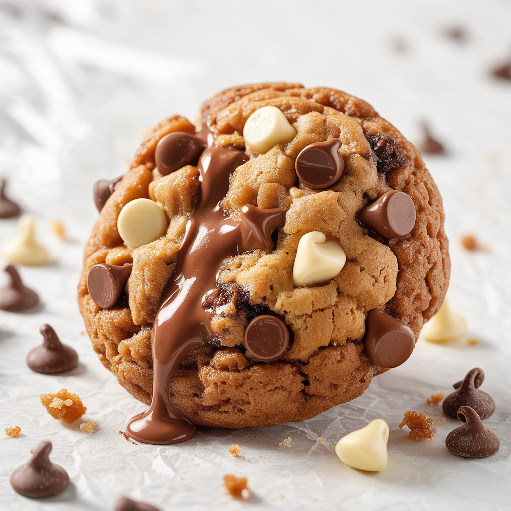 A close-up macro shot of a single Big, Fat, Chewy Multichip Cookie, with emphasis on melted chocolate chips (dark, milk, and white) oozing slightly from the chewy center. Hyper-real texture highlighting crumb, cracks, and chip details. Crumbs scattered around on a white surface. Bright white background, crisp lighting, no warm tones, no shadows, clean homemade detail-focused look.