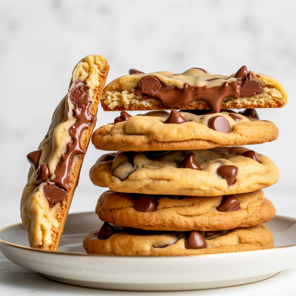 A side view of a stack of Big, Fat, Chewy Multichip Cookies on a simple white plate. One cookie leaning against the stack, broken in half to reveal gooey melted chocolate chips inside. Hyper-real focus on the chewy, soft interior and crisp outer layer. Chocolate chips glisten under clean white light. Bright pure white background, no shadows, no yellow tones, homemade but polished aesthetic.