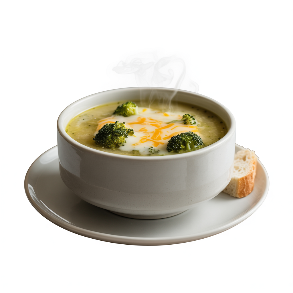 A side view of a white ceramic bowl filled with Broccoli Cheddar Soup placed on a minimal white plate. The soup is thick and creamy, with visible chunks of broccoli and melted cheddar blending in. Steam rising subtly, enhancing the homemade look. A small piece of crusty bread placed neatly beside the bowl. Hyper-real focus, crisp textures, bright white background, no warm colors, no shadows.