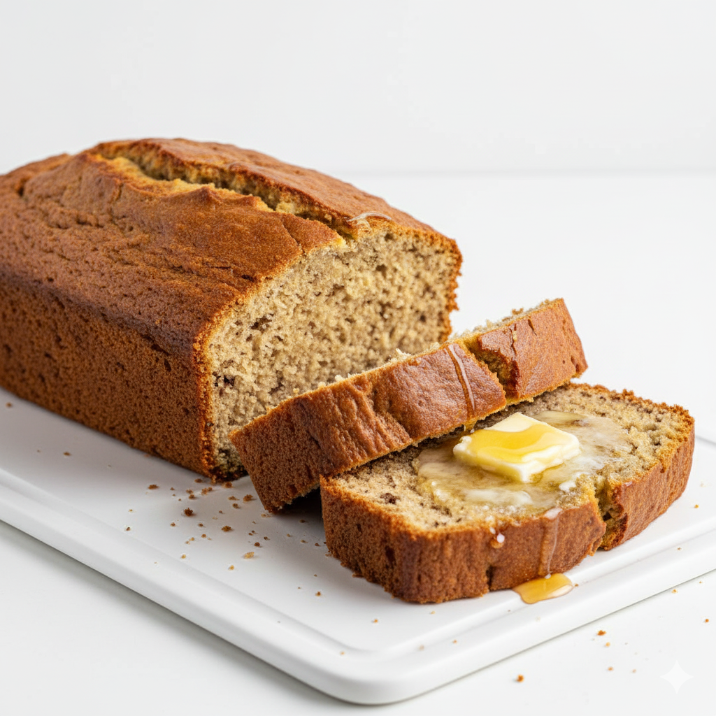 A natural side view of Banana Bread Quick Recipe displayed on a simple white plate or cutting board against a bright white background. Show the golden-brown crust and moist interior of the sliced loaf. A pat of melting butter or a light drizzle of honey on one slice highlights warmth and texture. Include soft crumbs and a gentle sheen to indicate freshness. The loaf’s structure should appear dense yet fluffy. Hyper-real textures, bright even lighting, no yellow tones, no shadows, clean, crisp homemade aesthetic.