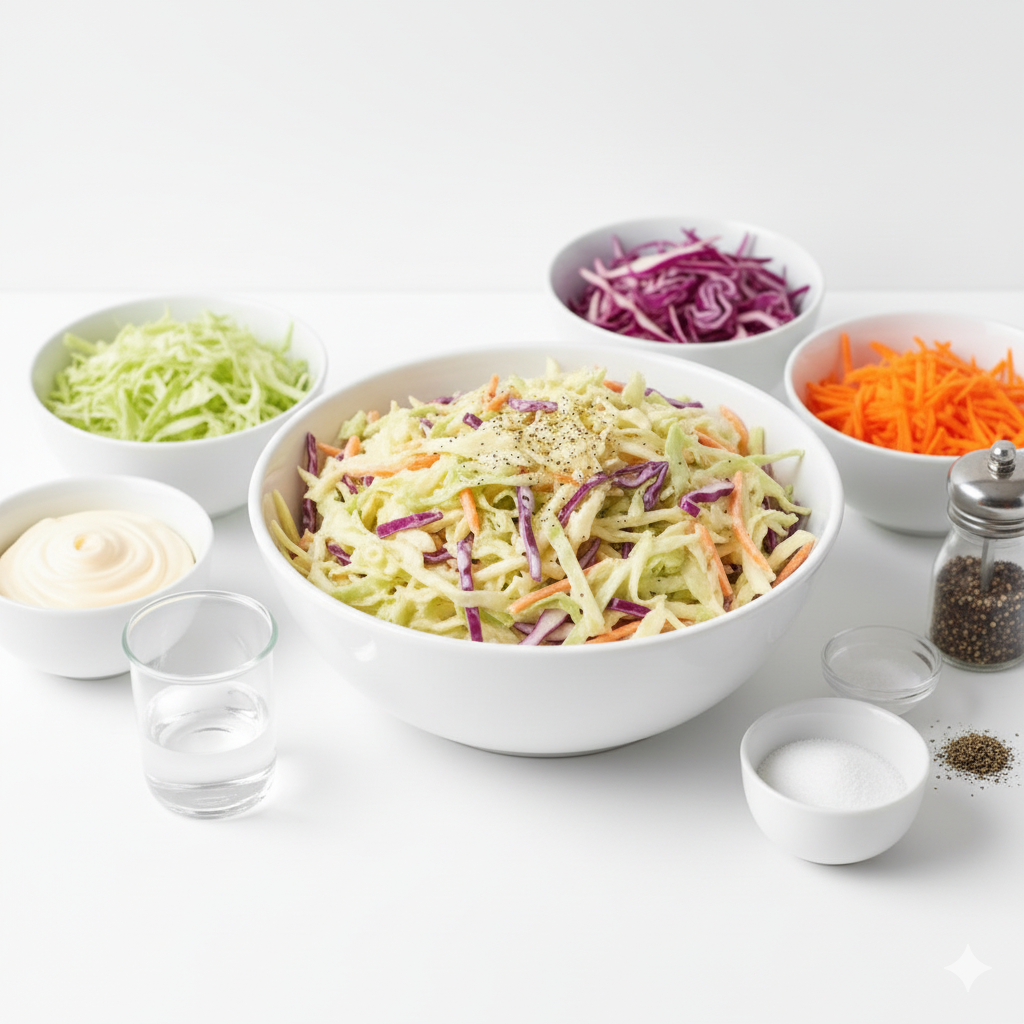 A slightly angled, close-but-not-too-close composition of Creamy Coleslaw Homemade surrounded by its raw ingredients on a bright white kitchen surface. Include small bowls containing shredded green cabbage, red cabbage, carrots, mayonnaise, vinegar, sugar, salt, and black pepper, arranged neatly around the finished coleslaw bowl placed at the center. The focus should balance both the completed dish and the colorful ingredients nearby, emphasizing freshness and texture. Bright even lighting, pure white background, no shadows, no yellow tones, hyper-real clarity, clean and modern homemade editorial style.