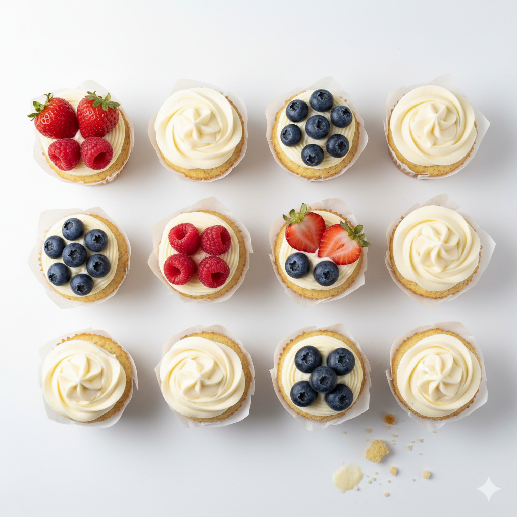 A detailed top-down view of Easy Fluffy Vanilla Cupcakes photographed from above on a pure bright white surface. The cupcakes are neatly arranged in a simple pattern, each topped with smooth vanilla frosting swirls or fresh fruit like berries for visual appeal. A few crumbs or frosting smudges appear naturally for a realistic homemade touch. The focus is on their soft, fluffy tops and clean pastel tones. Emphasize texture, even spacing, and brightness. Hyper-real clarity, pure white background, balanced cool-white lighting, no shadows, no yellow tones, clean and modern homemade presentation.