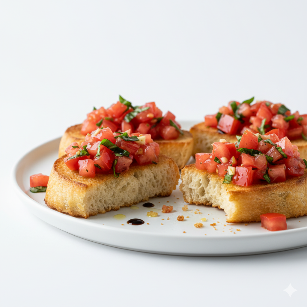 A natural side view of Simple Bruschetta served on a clean white plate or platter, showcasing the crisp toasted baguette base and the colorful, juicy tomato topping piled on top. The image should highlight the contrast between the golden toasted bread texture and the moist, glossy tomato-basil mixture glistening with olive oil. Include one piece slightly angled or bitten to reveal the crunch. Optional drizzle of balsamic vinegar for depth. Hyper-real detail, cool neutral light, no shadows, no yellow tones, bright and modern homemade aesthetic.