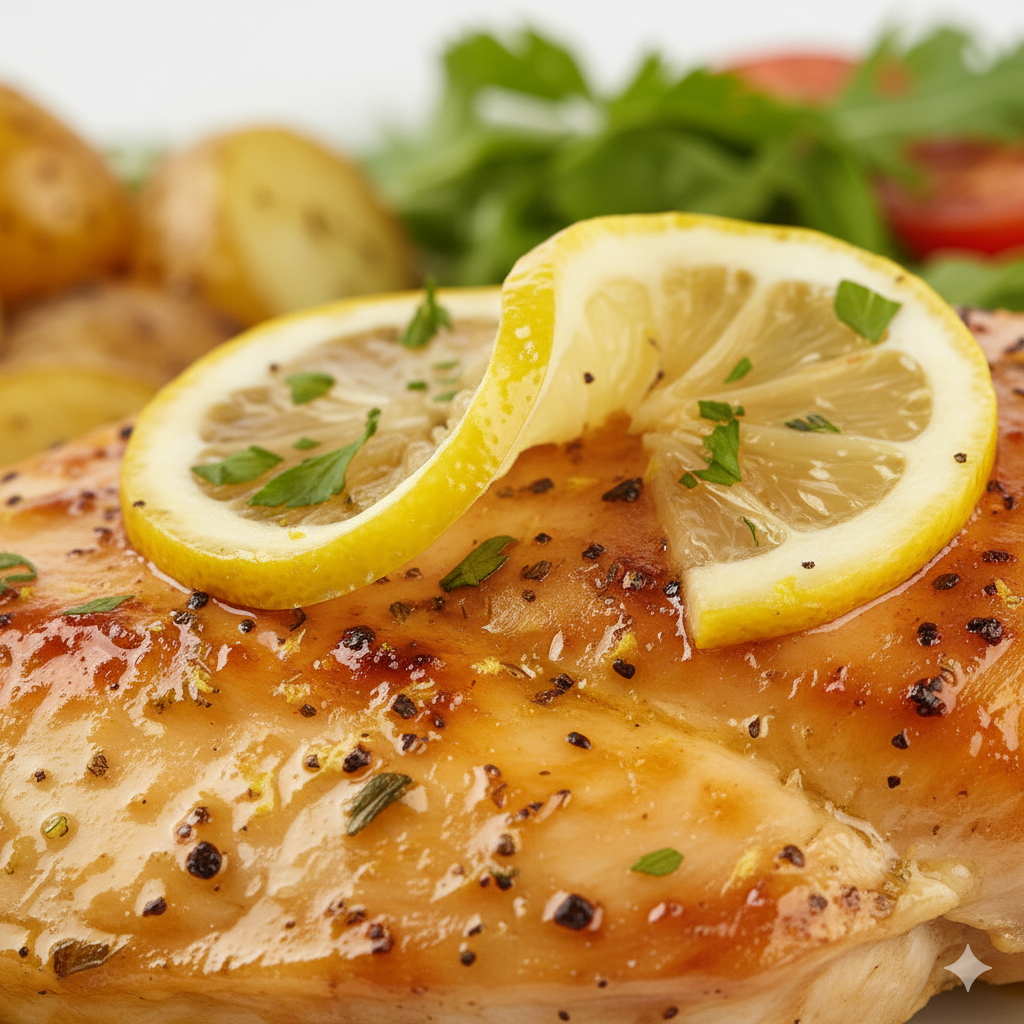 A macro close-up of Baked Lemon Chicken recipe showing the tender, juicy surface of the chicken breast with visible herb flecks, glistening olive oil, and fresh lemon zest. Capture the texture of the baked skinless surface — moist, lightly browned, and slightly glossy. A few parsley leaves or lemon slices can appear softly blurred in the background. Shallow depth of field focusing on fine details of the glaze and herbs. Bright white background, neutral lighting, no warm tones, no shadows, hyper-real, ultra-clean homemade aesthetic emphasizing freshness and texture.