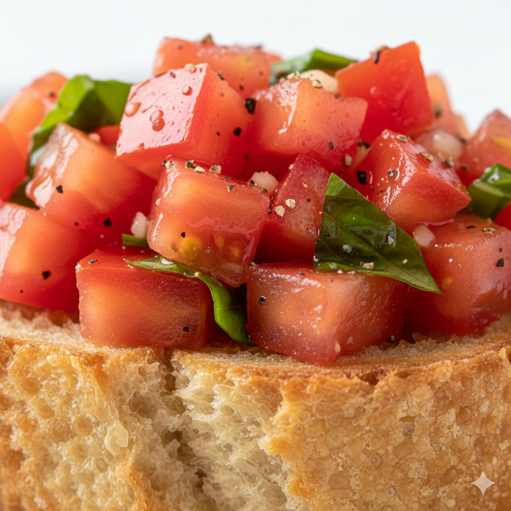 A macro close-up of Simple Bruschetta focusing on the glossy diced tomato and basil topping resting on a crisp toasted slice. Emphasize the fine texture of diced tomatoes, droplets of olive oil, and specks of minced garlic and pepper. The bread’s toasted surface should show subtle golden-brown crispness with soft crumbs visible. Capture the freshness and moisture without stylization. Shallow focus highlighting texture and freshness, bright white background, neutral lighting, no warm tones, no shadows, ultra-clean homemade presentation.