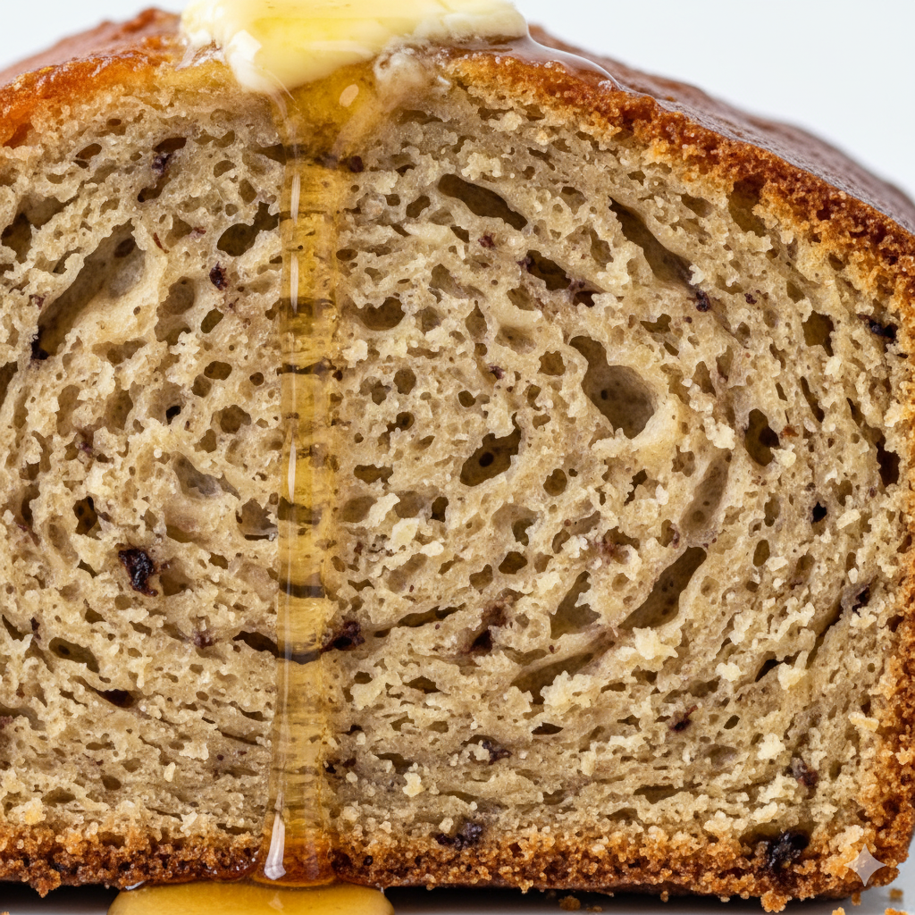 A macro close-up of Banana Bread Quick Recipe focusing on the fine crumb texture and moist interior of a freshly sliced piece. Capture tiny air pockets, slight gloss from melted butter or honey, and the natural banana specks. The crust should show a light golden-brown crispness with soft crumbs visible. Shallow depth of field emphasizing texture and warmth. Bright white background, neutral cool lighting, no shadows, no warm tones, hyper-real detail highlighting freshness and comfort.