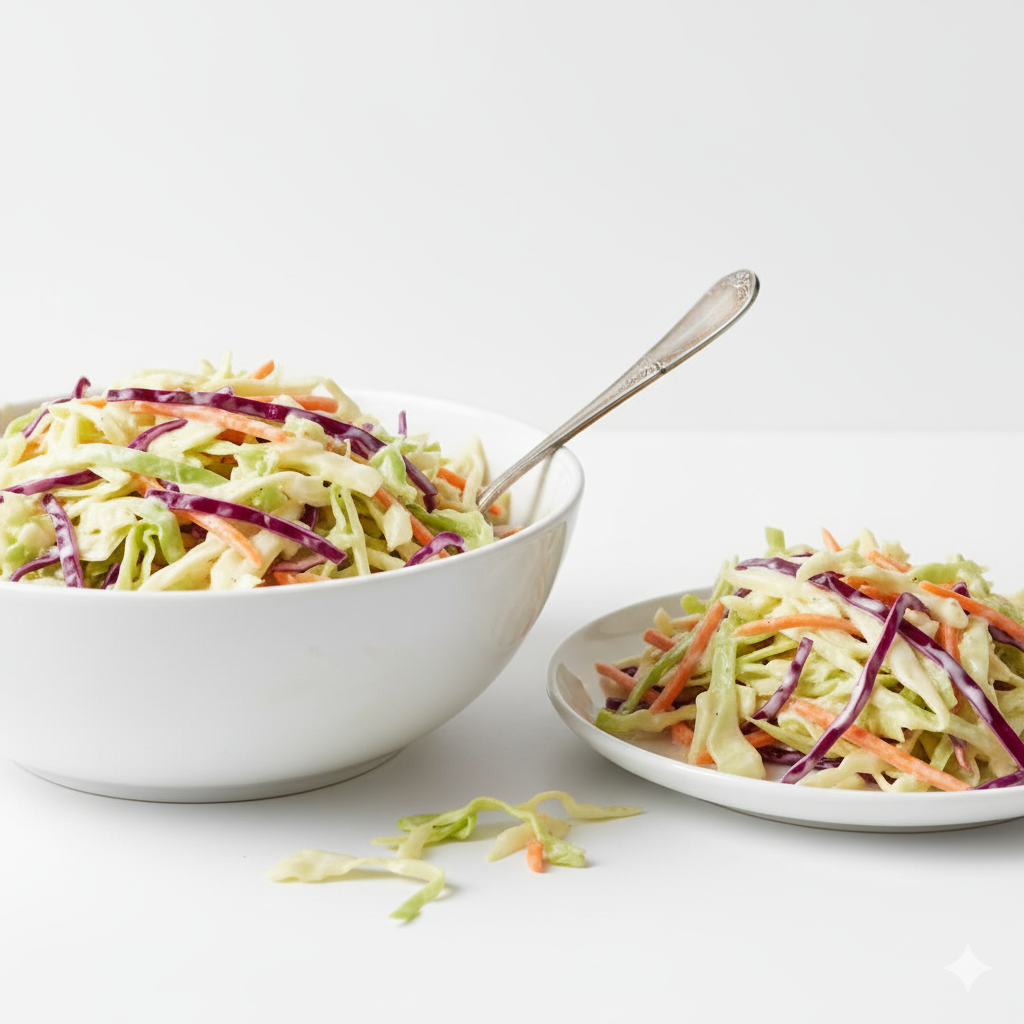 A natural side view of Creamy Coleslaw Homemade served in a clean white bowl against a bright white background. The focus is on the layered mix of finely shredded cabbage and carrots glistening with creamy dressing. Some strands of cabbage and carrot gently fall over the bowl’s edge for realism. The creamy texture should appear thick but light, with a subtle sheen from the mayonnaise. Optionally include a spoon or small portion plated nearby. Hyper-real textures, bright neutral lighting, no shadows, no yellow tones, clean and fresh homemade style.
