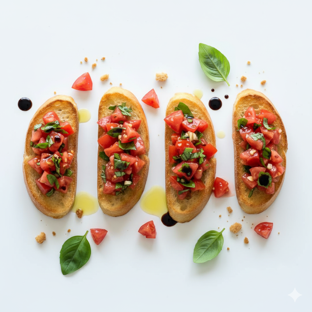 A detailed top-down view of Simple Bruschetta photographed from above on a pure bright white surface. Several toasted baguette slices are neatly arranged, each topped with the fresh tomato mixture — diced tomatoes, chopped basil, minced garlic, and a drizzle of olive oil. A light touch of balsamic vinegar may glisten on top. The presentation is minimal and clean, with a few loose basil leaves and crumbs scattered naturally for realism. Emphasize the vibrant red of the tomatoes and the green of the basil against the crisp white background. Hyper-real clarity, bright neutral lighting, no warm tones, no shadows, clean and fresh homemade style.