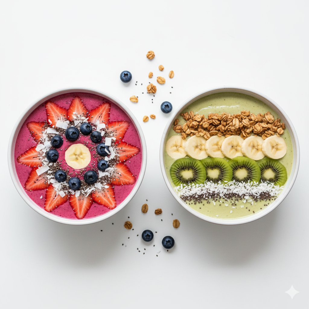 A detailed top-down view of Healthy Smoothie Bowls photographed from above on a pure bright white surface. Each bowl is filled with a smooth, creamy blended base — such as berry, tropical, or green smoothie — topped neatly with fresh fruit slices (bananas, strawberries, kiwi, blueberries), chia seeds, granola, and coconut flakes. The toppings are arranged in clean, linear or circular patterns emphasizing color variety and freshness. The surface is spotless and bright, with minimal natural crumbs or seeds for realism. Hyper-real clarity, balanced cool-white lighting, no shadows, no warm tones, modern homemade look focused on freshness and clean composition.