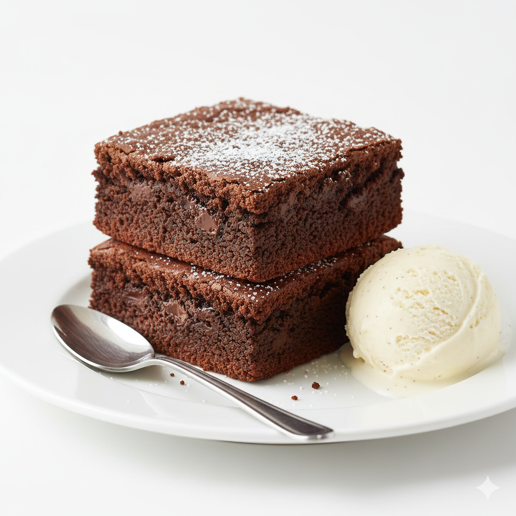 A natural side angle view of Fudgy Brownies From Scratch plated on a bright white plate, stacked or arranged to show dense, moist interiors with glossy, slightly melted chocolate sections. Include a small scoop of vanilla ice cream slowly softening beside the brownies, or a light dusting of powdered sugar on top. Focus on depth — the fudgy middle, crisp edges, and soft crumb texture. Lighting is neutral and bright, with pure white background, hyper-real detail, and no warm or yellow tones. Clean, homemade, inviting presentation highlighting the richness of the brownies.