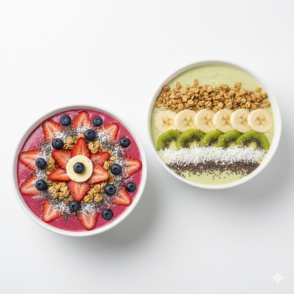 A natural side view of Healthy Smoothie Bowls served in simple white bowls on a pure bright white background. Show the creamy smoothie texture just below the rim with colorful, detailed toppings visible — sliced fruit, granola, seeds, and coconut shavings. Highlight the glossy surface and natural layering of ingredients without any stylization. The light should be even and cool, with no shadows or yellow tones. Clean, bright, modern presentation that feels homemade yet refined.