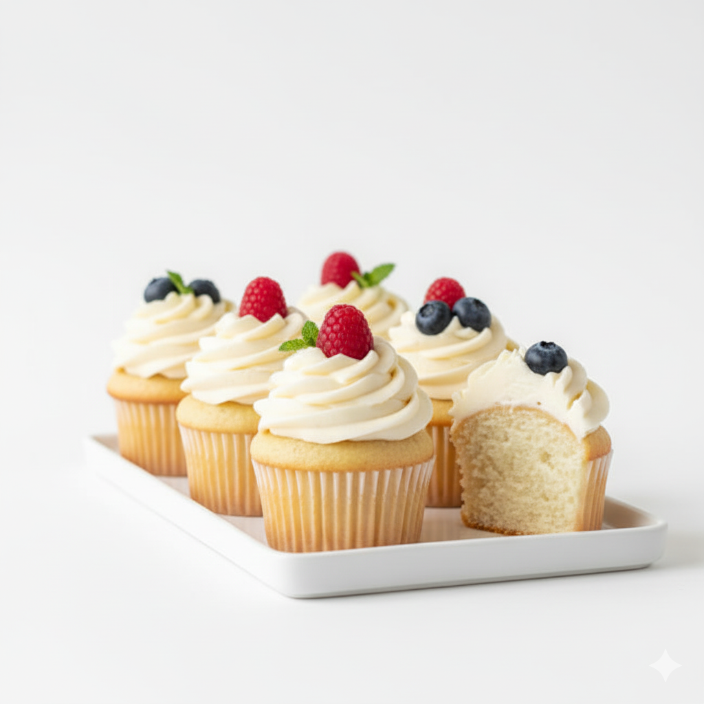 A natural side view of Easy Fluffy Vanilla Cupcakes displayed on a simple white plate or tray against a pure bright white background. Show the height and lightness of the cupcakes, with the frosting appearing airy and perfectly piped. Highlight the subtle golden edges of the cupcake base, creamy frosting texture, and any light garnish like a small berry or sprig of mint. One cupcake may be slightly angled or cut open to reveal the fluffy interior crumb. Hyper-real textures, bright neutral lighting, no shadows, no warm tones, crisp and fresh homemade aesthetic.