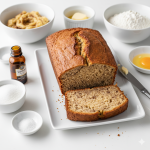 A slightly angled, close-but-not-too-close composition of Banana Bread Quick Recipe surrounded by its raw ingredients on a bright white kitchen surface. Include small bowls with mashed bananas, melted butter, sugar, beaten egg, flour, vanilla extract, baking soda, and salt arranged neatly. The finished banana bread loaf sits at the center, partly sliced to reveal its texture, with a small dish of butter or honey nearby. Focus close enough to capture both the loaf’s detail and ingredient clarity. Hyper-real clarity, pure bright white background, even cool lighting, no shadows, no yellow tones, clean and modern homemade editorial style.
