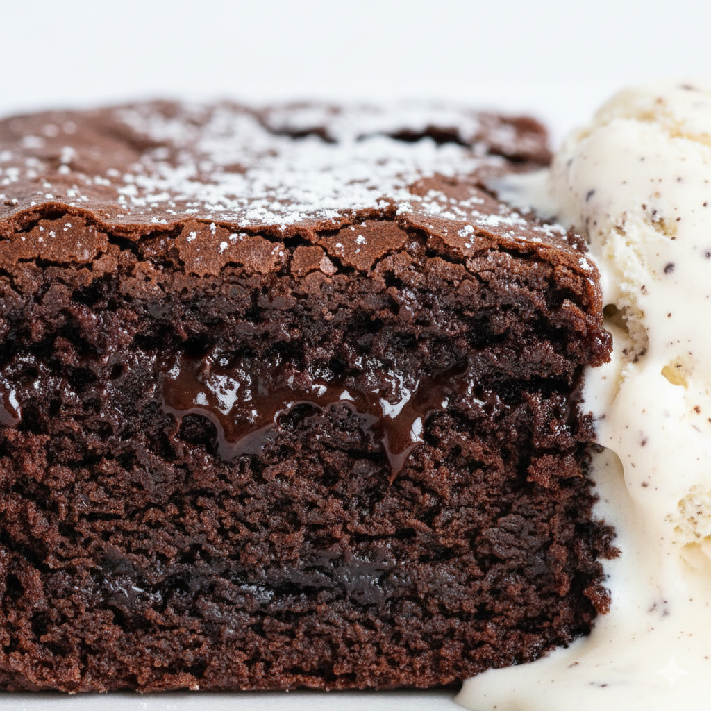 A macro close-up of Fudgy Brownies From Scratch, focusing tightly on the moist, gooey interior texture with visible glossy melted chocolate streaks. Capture the fine crumb, slightly crackled top, and the contrast between crisp edge and soft center. Optionally show a small section of melting vanilla ice cream against the brownie surface to enhance appeal. Hyper-real focus, ultra-clean white background, no warm tones, no shadows, emphasizing the deep chocolate color, gloss, and texture accuracy in a natural homemade style.