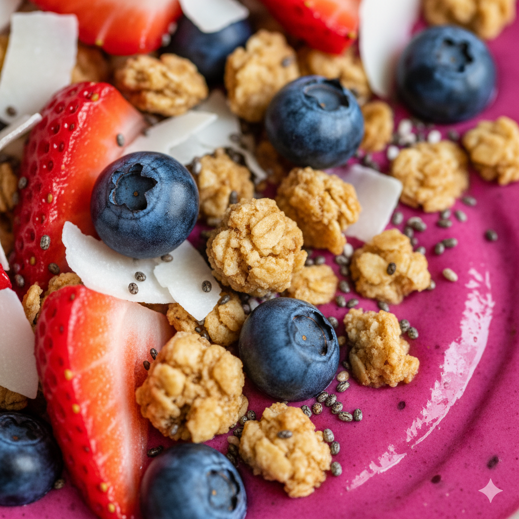 A macro close-up of Healthy Smoothie Bowls focusing tightly on the texture and details of the toppings — glistening fruit slices, crunchy granola clusters, and scattered chia or coconut flakes. Capture the vibrant, natural colors and moisture of the ingredients against the smooth base. The smoothie surface should look creamy and realistic with slight ripples. Shallow depth of field emphasizing texture and freshness. Bright white background, no warm tones, no shadows, hyper-real detail with ultra-clean homemade feel.