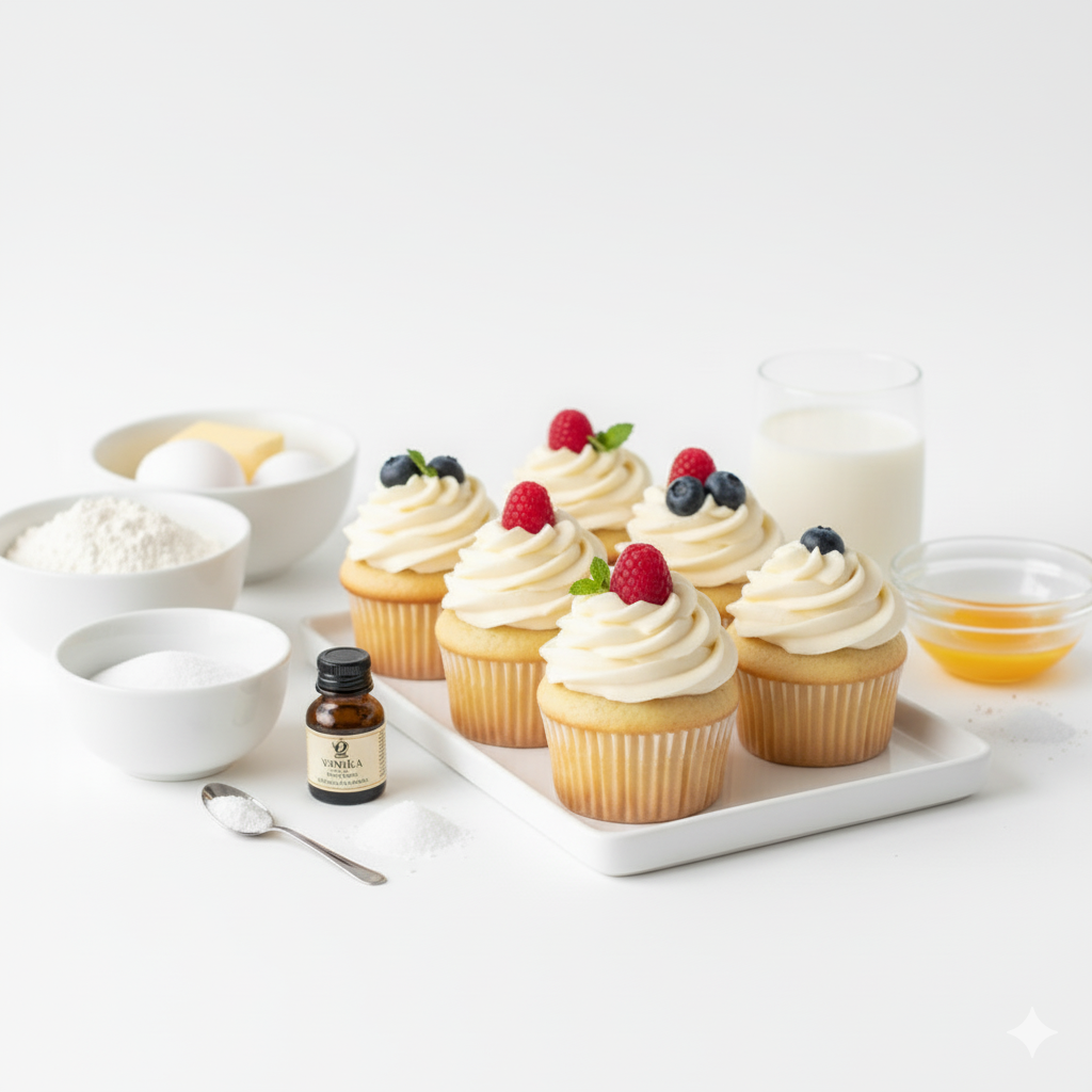 A slightly angled, close-but-not-too-close composition of Easy Fluffy Vanilla Cupcakes surrounded by their raw ingredients on a bright white kitchen surface. Include small bowls or dishes with flour, sugar, butter, eggs, milk, vanilla extract, baking powder, and salt arranged neatly. The finished cupcakes sit prominently in the center, topped with frosting and a few fresh fruits for color. Focus close enough to appreciate the cupcake details but wide enough to show the surrounding ingredients clearly. Hyper-real clarity, pure bright white background, even cool lighting, no shadows, no yellow tones, clean and modern homemade editorial style.