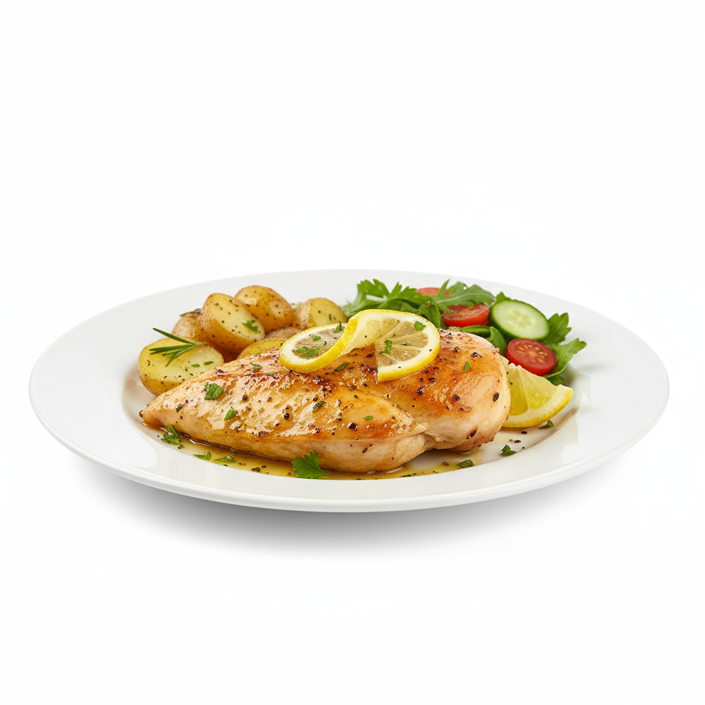 A natural side view of Baked Lemon Chicken recipe served on a simple white plate against a pure bright white background. The focus is on the juicy, golden-baked chicken breast with a glistening lemon coating. Fresh parsley garnish and lemon slices rest lightly on top or beside the chicken. The chicken’s texture should appear tender and moist, with visible herb seasoning and a glossy olive oil finish. Include a small portion of roasted potatoes or green salad as a subtle side. Hyper-real textures, cool-white balanced lighting, no shadows, no yellow tones, clean and bright homemade presentation.