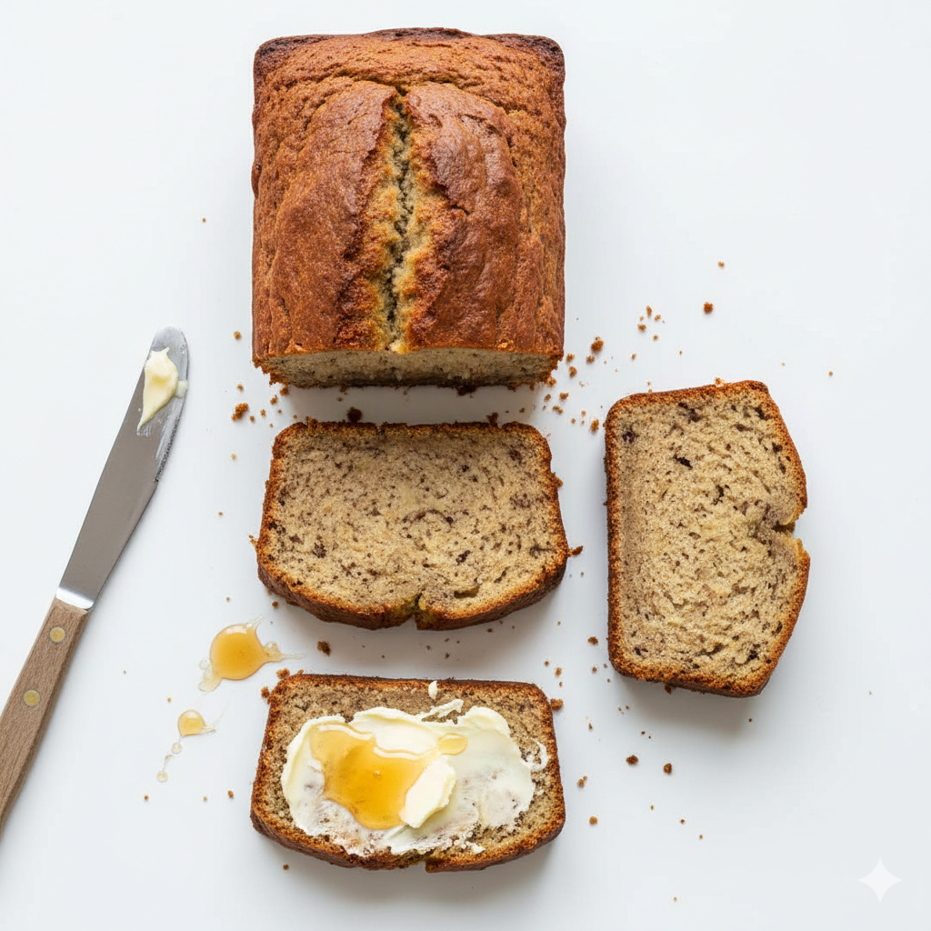 A detailed top-down view of Banana Bread Quick Recipe photographed from above on a pure bright white surface. The loaf is sliced neatly, revealing its moist, tender crumb with subtle banana specks. A few slices are laid flat with one slightly buttered or drizzled with honey for serving. Crumbs and a butter knife may be naturally placed nearby for realism. The composition is minimal and clean, focusing on the homemade texture and golden-brown surface of the bread. Hyper-real clarity, pure bright white background, cool neutral lighting, no shadows, no warm tones, fresh and modern homemade presentation.