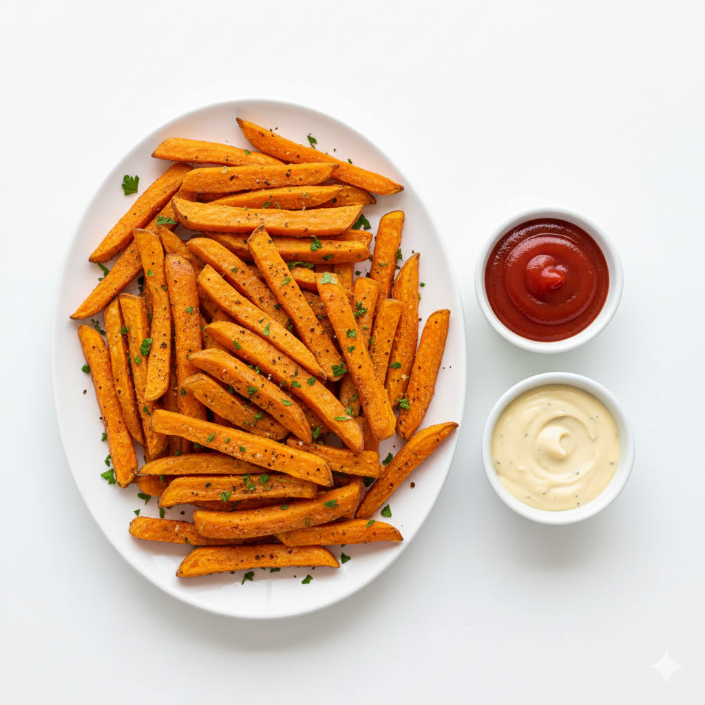 Baked Sweet Potato Fries Recipe with ketchup and sauce