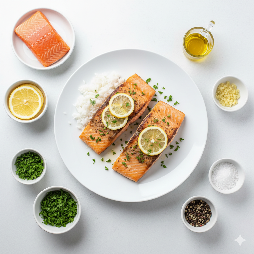 A top-down or slightly angled composition of 30-Minute Salmon surrounded by its raw ingredients on a pure bright white kitchen surface. Include neatly arranged small bowls or plates containing salmon fillets, lemon slices, olive oil, salt, black pepper, minced garlic, and fresh herbs (parsley, dill, or thyme). The finished salmon dish sits at the center, perfectly plated, showing both the preparation and final result. The setup is minimal, organized, and visually balanced. Hyper-real clarity, bright neutral lighting, no shadows, no yellow tones, clean modern homemade editorial look.