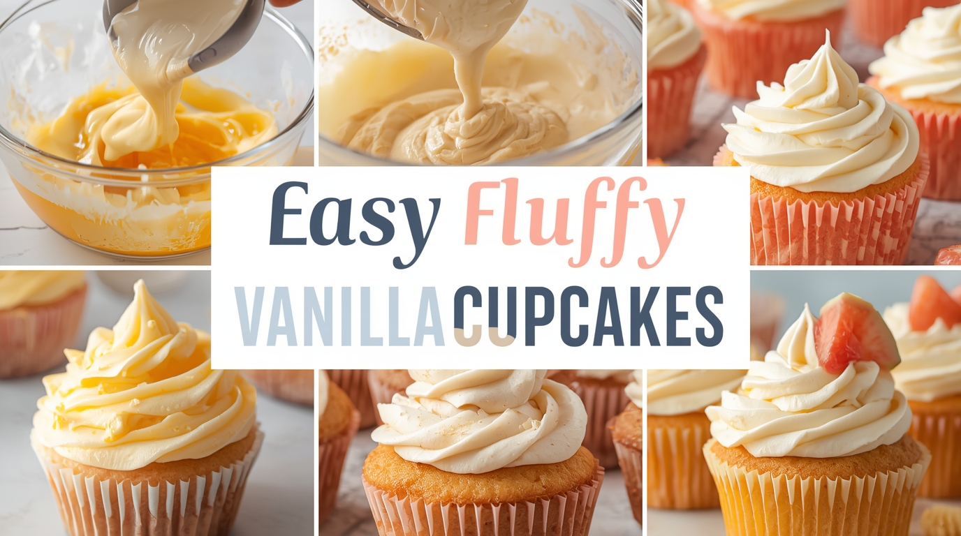 A modern and colorful collage-style featured image for a food recipe blog. The collage includes 4 to 6 vibrant, high-quality images showcasing ‘Easy Fluffy Vanilla Cupcakes’. Images include different stages: butter and sugar being creamed together, eggs and vanilla added to the batter, flour and milk folded in, smooth cupcake batter poured into liners, cupcakes baking to golden perfection in the oven, and the final cupcakes frosted and decorated with swirls of vanilla icing or topped with fresh fruit. Use natural lighting with soft shadows and bright, cheerful tones (soft cream, golden yellow, pastel frosting). Overlay bold, stylish text that reads “Easy Fluffy Vanilla Cupcakes” in the center or lower third of the collage. The design should be clean, modern, and visually appealing—perfect for a food blog’s featured image or banner. Use modern fonts and a light, bakery-inspired color palette (e.g., vanilla cream, blush pink, pastel yellow, and soft gold).