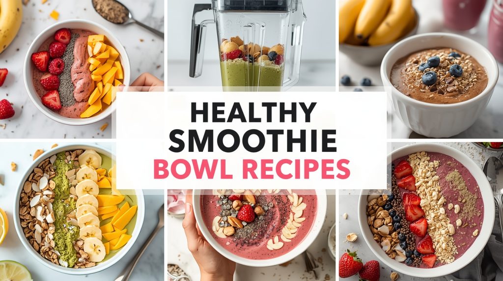 A modern and colorful collage-style featured image for a food recipe blog. The collage includes 4 to 6 vibrant, high-quality images showcasing ‘Healthy Smoothie Bowl Recipes’. Images include different stages: fresh fruits like bananas, berries, and mangoes being sliced; smoothie base being blended in a blender; thick, creamy smoothies poured into bowls; toppings like granola, chia seeds, coconut flakes, and nuts arranged artfully; and the final vibrant smoothie bowls styled in various colors (pink berry, green matcha, yellow tropical, purple acai). Use natural lighting with bright, airy tones and soft shadows (berry pink, tropical yellow, leafy green). Overlay bold, stylish text that reads “Healthy Smoothie Bowl Recipes” in the center or lower third of the collage. The design should be clean, modern, and visually stunning, ideal for a food blog’s featured image or banner. Use modern fonts and a fresh, energizing color palette (e.g., berry pink, mint green, tropical yellow, and cream).