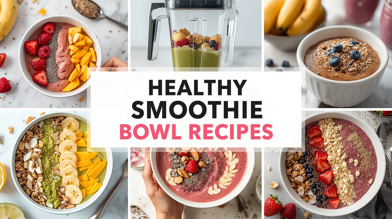 A modern and colorful collage-style featured image for a food recipe blog. The collage includes 4 to 6 vibrant, high-quality images showcasing ‘Healthy Smoothie Bowl Recipes’. Images include different stages: fresh fruits like bananas, berries, and mangoes being sliced; smoothie base being blended in a blender; thick, creamy smoothies poured into bowls; toppings like granola, chia seeds, coconut flakes, and nuts arranged artfully; and the final vibrant smoothie bowls styled in various colors (pink berry, green matcha, yellow tropical, purple acai). Use natural lighting with bright, airy tones and soft shadows (berry pink, tropical yellow, leafy green). Overlay bold, stylish text that reads “Healthy Smoothie Bowl Recipes” in the center or lower third of the collage. The design should be clean, modern, and visually stunning, ideal for a food blog’s featured image or banner. Use modern fonts and a fresh, energizing color palette (e.g., berry pink, mint green, tropical yellow, and cream).