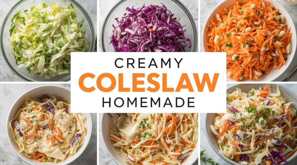 A modern and colorful collage-style featured image for a food recipe blog. The collage includes 4 to 6 vibrant, high-quality images showcasing ‘Creamy Coleslaw Homemade’. Images include different stages: green and red cabbage being shredded, carrots grated and combined in a large bowl, mayonnaise, apple cider vinegar, sugar, salt, and pepper whisked together for the dressing, the creamy dressing poured over the vegetables, everything tossed to a glossy finish, and the final chilled serving in a bowl garnished with extra cabbage ribbons. Use natural lighting with soft shadows and bright, fresh tones (vivid greens, orange carrots, creamy white dressing, and touches of purple cabbage). Overlay bold, stylish text that reads “Creamy Coleslaw Homemade” in the center or lower third of the collage. The design should be clean, modern, and visually appealing, ideal for a food blog’s featured image or banner. Use modern fonts and a crisp, summery color palette (e.g., cabbage green, carrot orange, creamy white, and lavender purple).