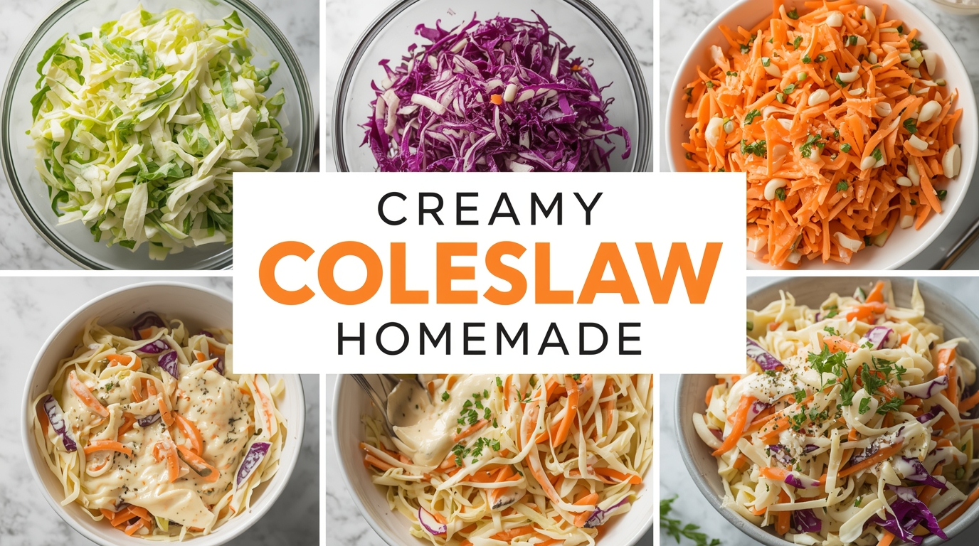 A modern and colorful collage-style featured image for a food recipe blog. The collage includes 4 to 6 vibrant, high-quality images showcasing ‘Creamy Coleslaw Homemade’. Images include different stages: green and red cabbage being shredded, carrots grated and combined in a large bowl, mayonnaise, apple cider vinegar, sugar, salt, and pepper whisked together for the dressing, the creamy dressing poured over the vegetables, everything tossed to a glossy finish, and the final chilled serving in a bowl garnished with extra cabbage ribbons. Use natural lighting with soft shadows and bright, fresh tones (vivid greens, orange carrots, creamy white dressing, and touches of purple cabbage). Overlay bold, stylish text that reads “Creamy Coleslaw Homemade” in the center or lower third of the collage. The design should be clean, modern, and visually appealing, ideal for a food blog’s featured image or banner. Use modern fonts and a crisp, summery color palette (e.g., cabbage green, carrot orange, creamy white, and lavender purple).