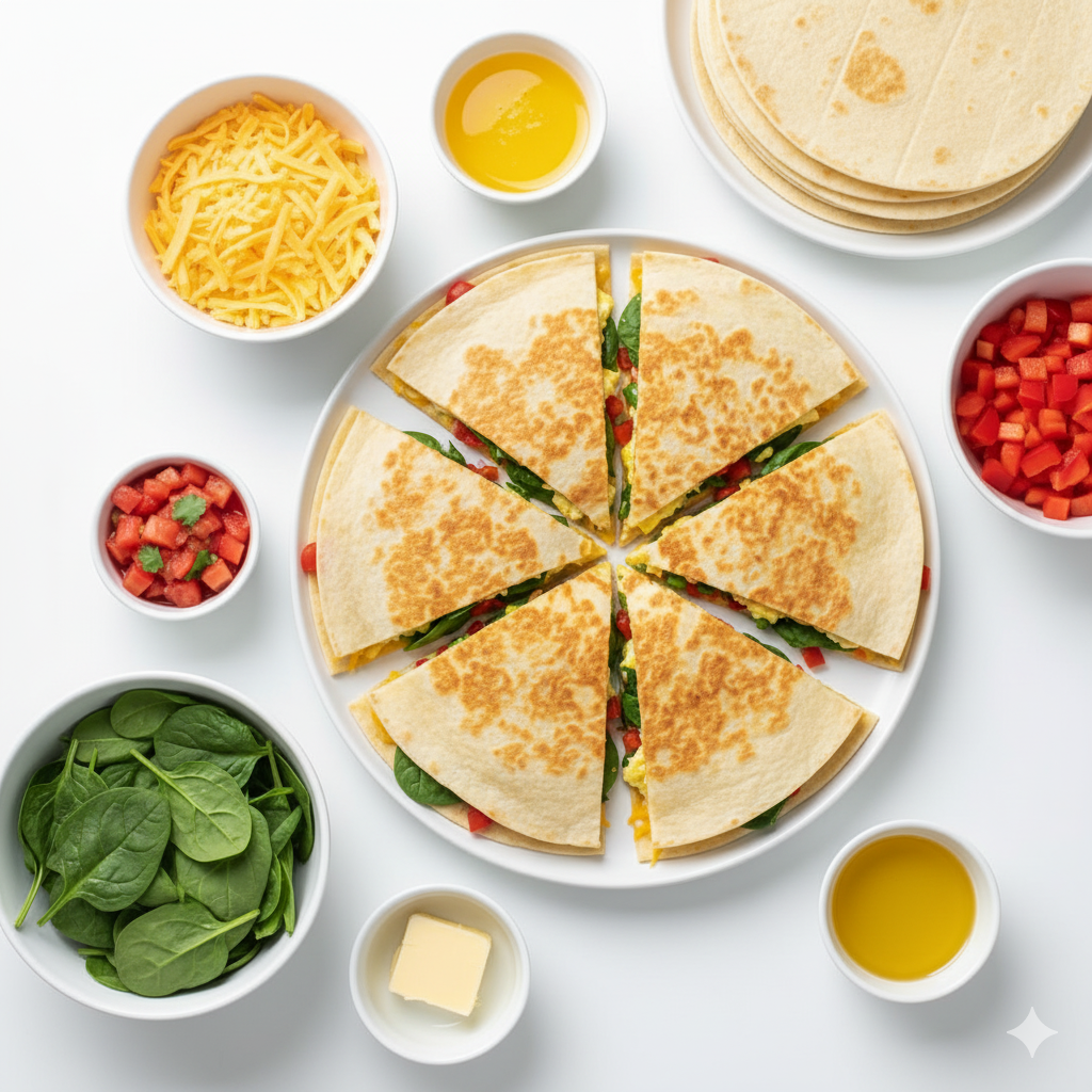 A slightly angled, close-but-not-too-close composition of Easy Breakfast Quesadilla Recipe (Ready in 10 Minutes!) surrounded by its raw ingredients on a bright white kitchen surface. Include small bowls with shredded cheese, whisked eggs, diced bell peppers, spinach, butter or oil, and tortillas neatly arranged. The finished quesadilla, sliced and plated, sits prominently at the center with a small bowl of salsa or avocado dip nearby. The setup is clean, fresh, and organized, showcasing both the ingredients and the completed dish. Hyper-real clarity, pure bright white background, even cool lighting, no shadows, no yellow tones, crisp and modern homemade editorial style.