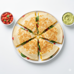 A detailed top-down view of Easy Breakfast Quesadilla Recipe (Ready in 10 Minutes!) photographed from above on a pure bright white surface. The quesadilla is sliced into neat triangular wedges, arranged in a circular or fan-like pattern on a white plate. The filling—melted cheese, scrambled eggs, and optional vegetables like bell peppers or spinach—should be visible along the cut edges. Include a small bowl of salsa or avocado dip for accent. Emphasize the golden, lightly toasted tortilla and the bright, fresh interior colors. Hyper-real clarity, pure bright white background, balanced cool-white lighting, no shadows, no warm tones, clean modern homemade style.