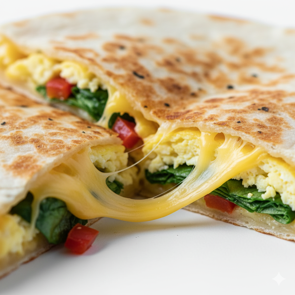 A macro close-up of Easy Breakfast Quesadilla Recipe (Ready in 10 Minutes!) focusing on the melted cheese oozing from the edge of a freshly cut wedge. Capture fine details like the soft scrambled eggs, glossy vegetables, and golden crisp tortilla surface. The image should feel warm, fresh, and tactile without exaggeration. Shallow depth of field highlighting the gooey texture and color contrast. Bright white background, cool neutral lighting, no shadows, no warm tones, hyper-real, ultra-clean homemade presentation.