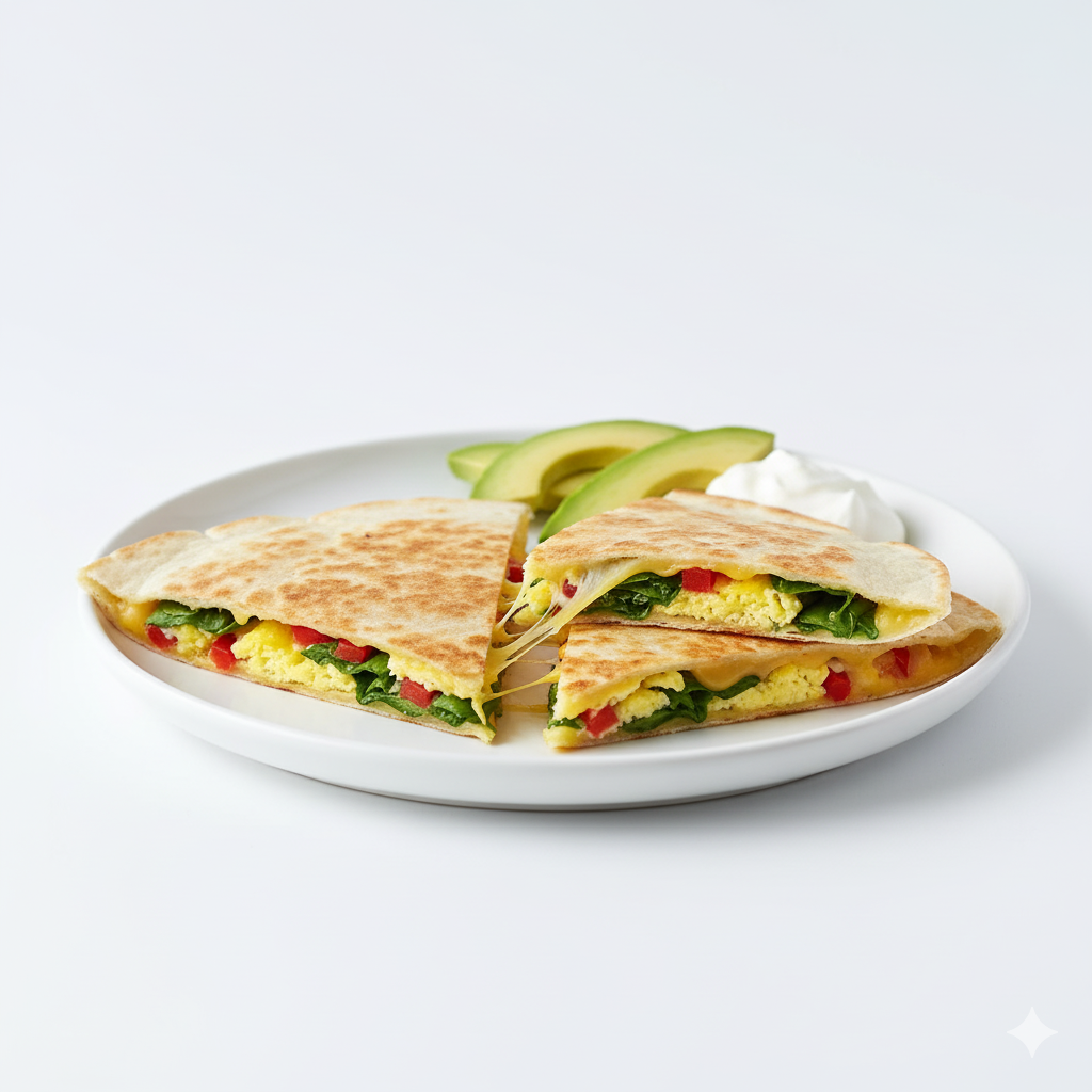 A natural side view of Easy Breakfast Quesadilla Recipe (Ready in 10 Minutes!) plated simply on a white dish against a bright white background. Capture the golden crispness of the tortilla and the gooey melted cheese stretching slightly between wedges. The layered filling of eggs, cheese, and vegetables should look fresh and soft. Include a small serving of salsa, avocado slices, or a dollop of sour cream nearby. Hyper-real texture, bright even light, no shadows, no yellow tones, clean, fresh, and appetizing homemade aesthetic.